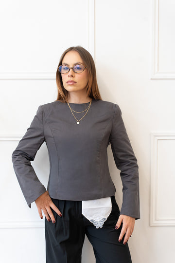 Grey Padded Shoulder Blouse – Monique