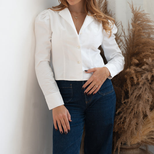 White Puff Shoulder Button-Down Shirt -  Camile