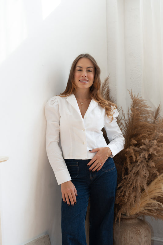 White Puff Shoulder Button-Down Shirt -  Camile