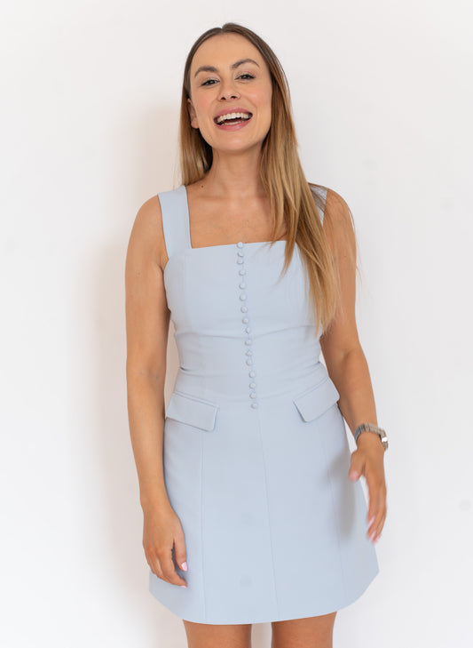 CALLIE - Mini Pastel Blue Button-Front Dress